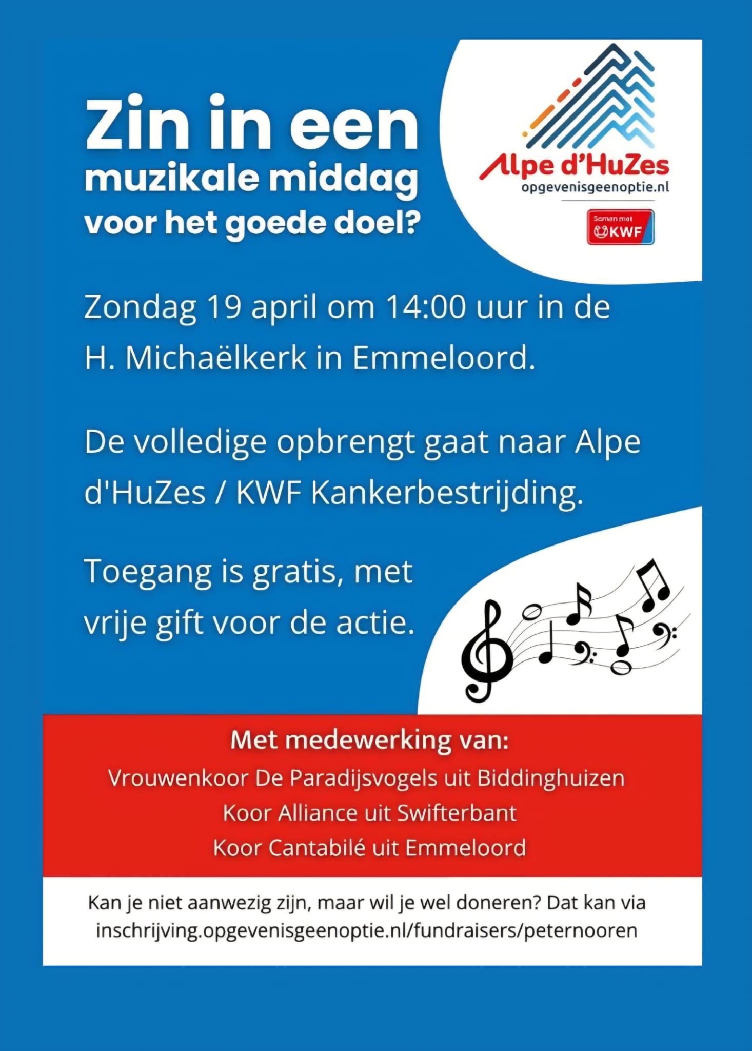 Benefietconcert tbv Alpe d'HuZes (KWF) op zondag middag 19 april 2026
